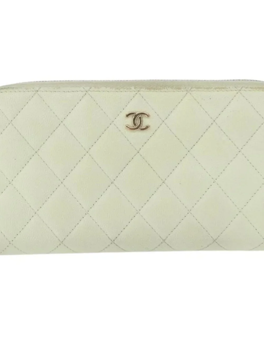 CHANEL Long Wallet Grained Calf Skin Green Gold CC Auth 164071A